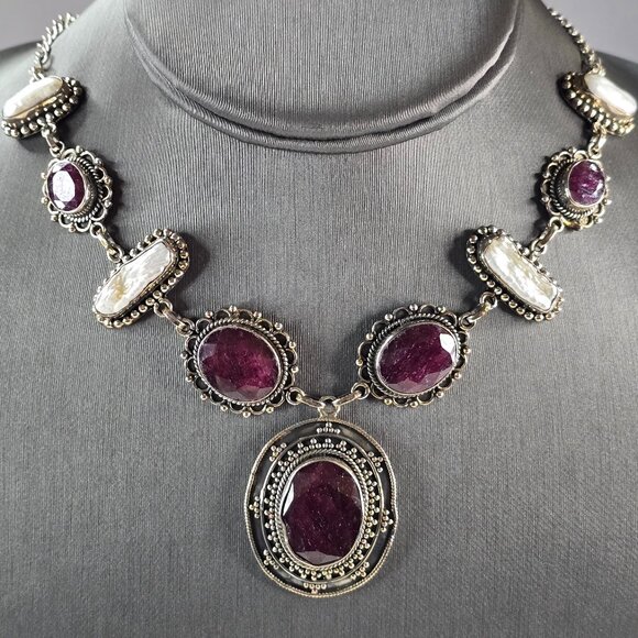 Womens Estate Sterling Silver Natural Ruby Pearl Pendant...